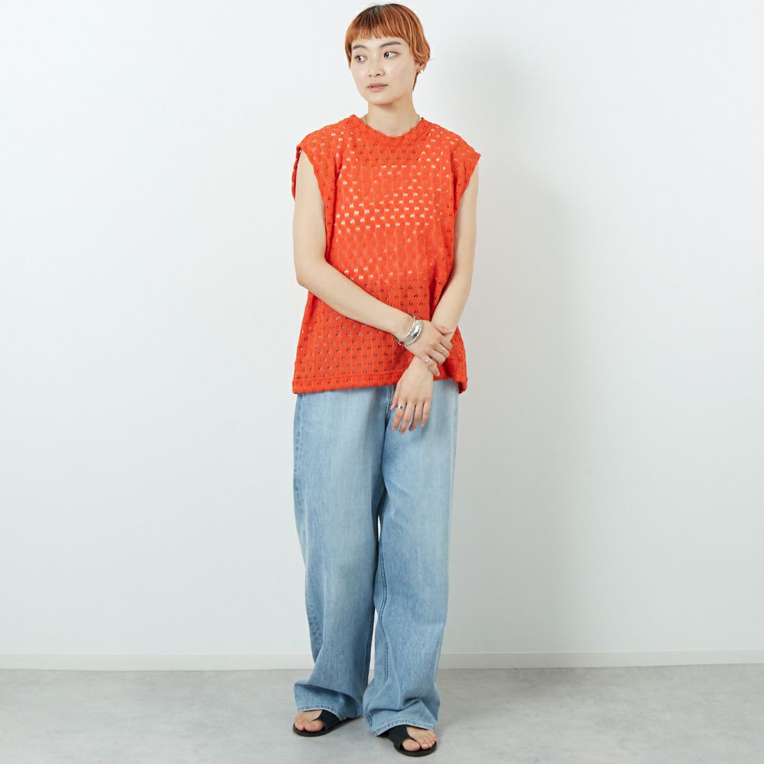 MEYAME [メヤメ] レーススリーブレスプルオーバー [MEY-1865] ORANGE &&モデル身長：160cm 着用サイズ：F&&