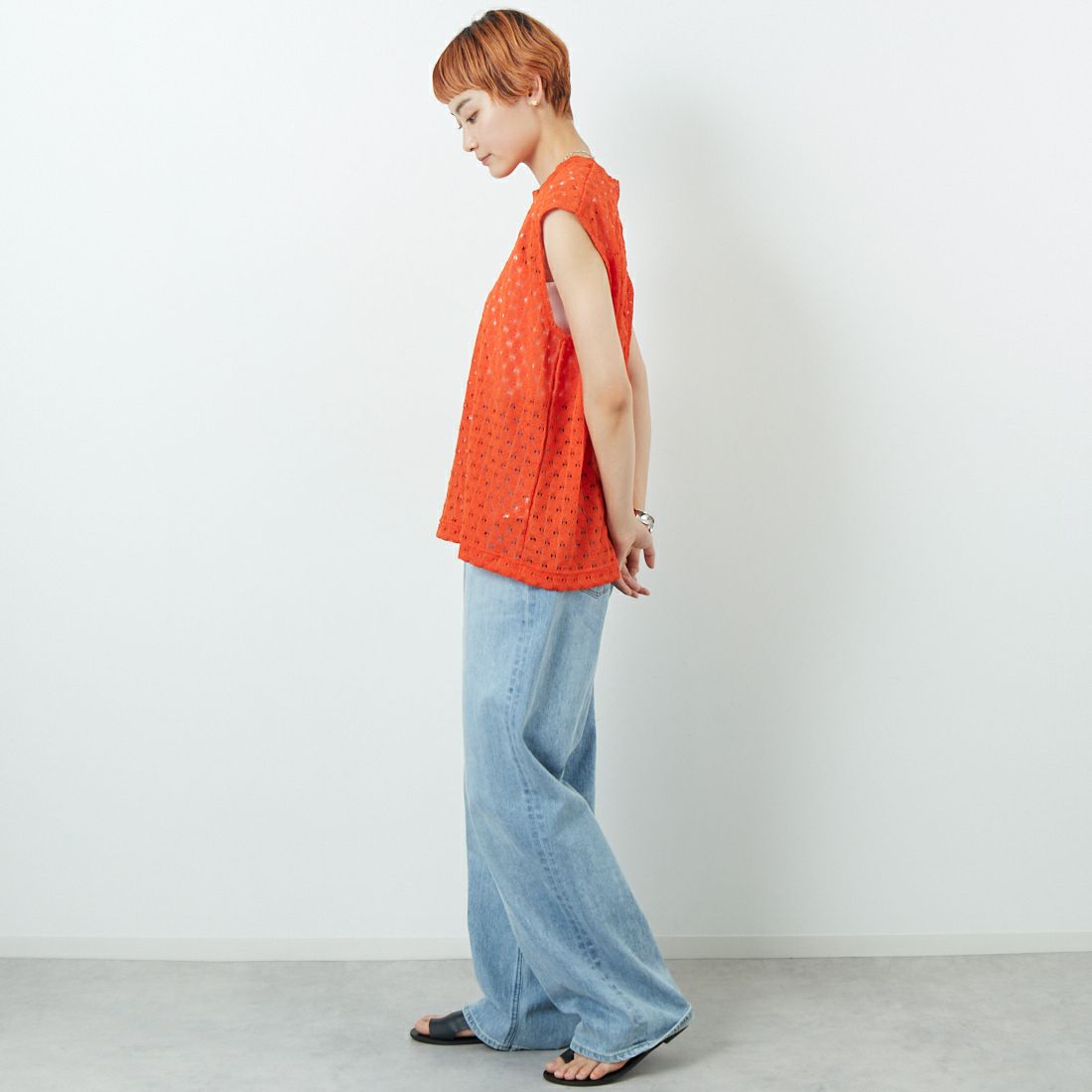 MEYAME [メヤメ] レーススリーブレスプルオーバー [MEY-1865] ORANGE &&モデル身長：160cm 着用サイズ：F&&