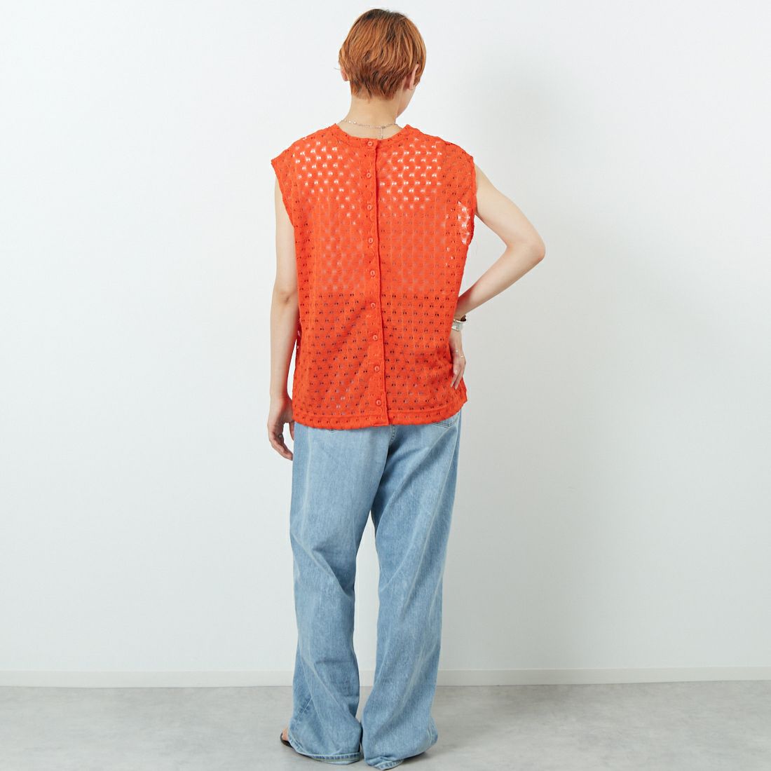 MEYAME [メヤメ] レーススリーブレスプルオーバー [MEY-1865] ORANGE &&モデル身長：160cm 着用サイズ：F&&