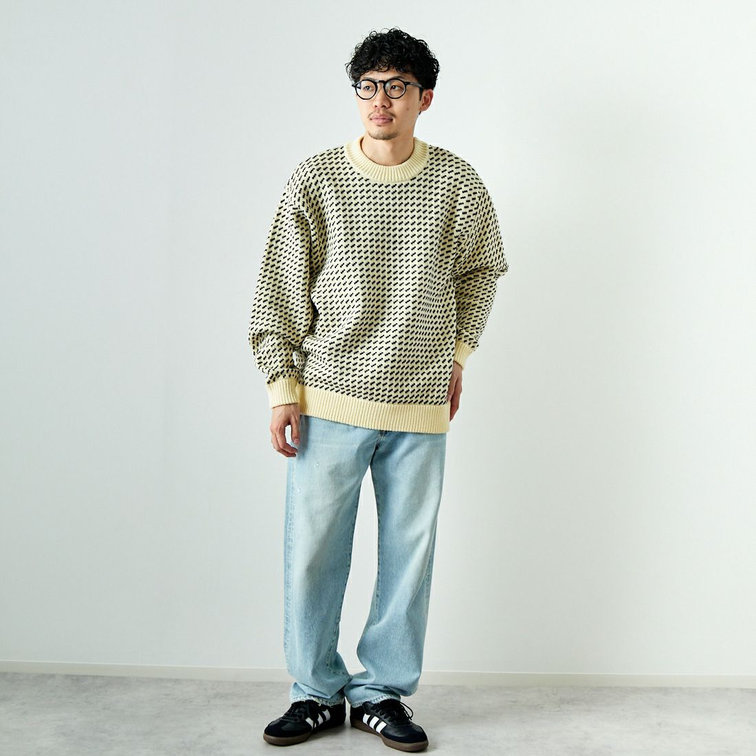 L.L.BEAN [エルエルビーン] Wayne バーズアイセーター [4575-8040] 91 NAT/NVY &&モデル身長：168cm 着用サイズ：M&&