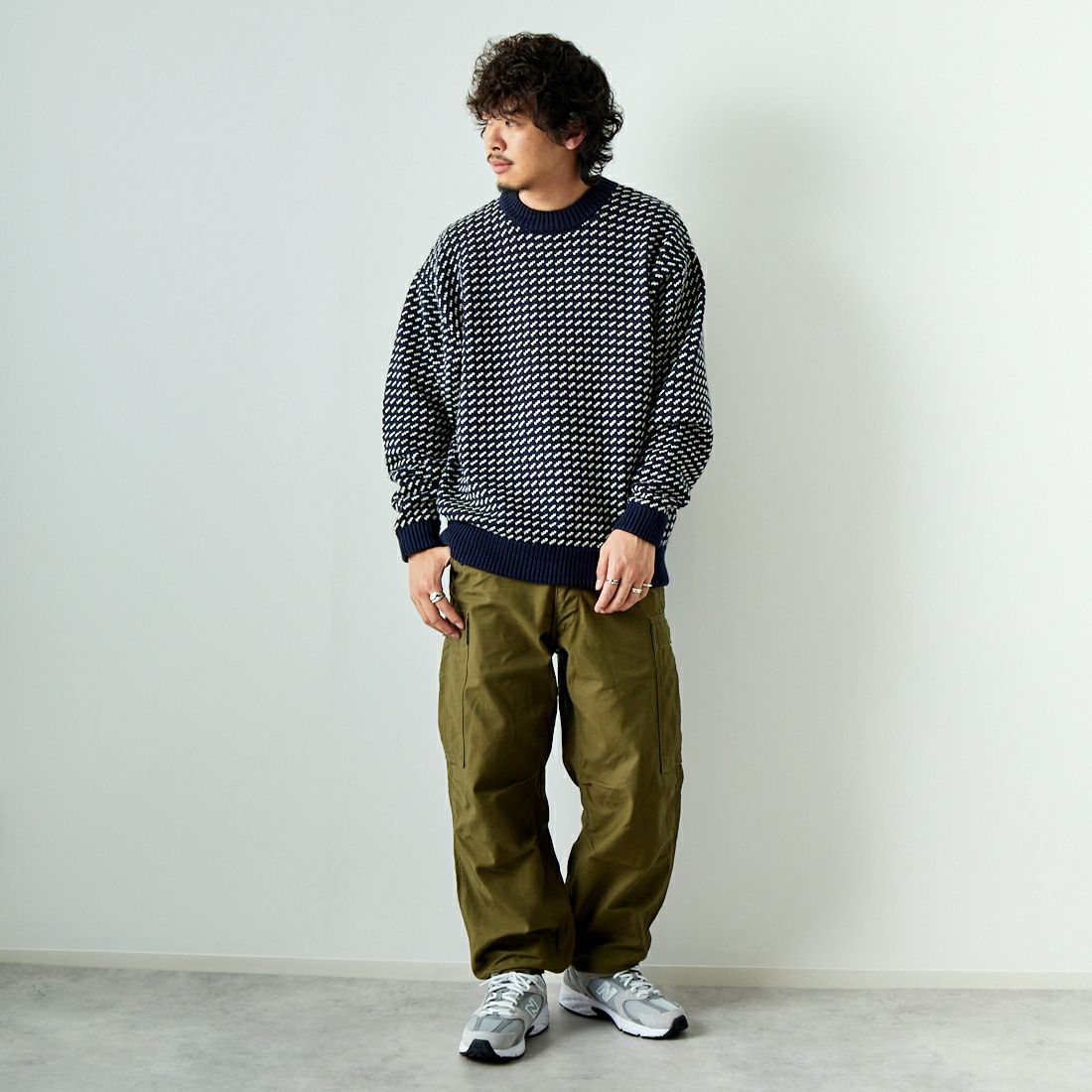 L.L.BEAN [エルエルビーン] Wayne バーズアイセーター [4575-8040] 90 NVY/NAT &&モデル身長：173cm 着用サイズ：L&&