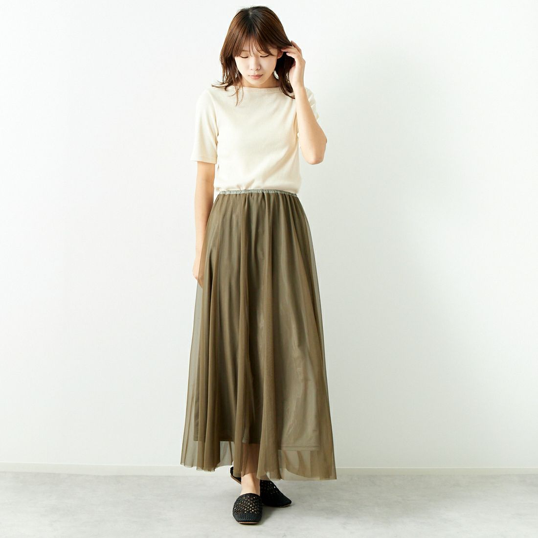 CHIGNON [シニヨン] チュールサーキュラースカート [2643-484KK] KHAKI &&モデル身長：167cm 着用サイズ：F&&