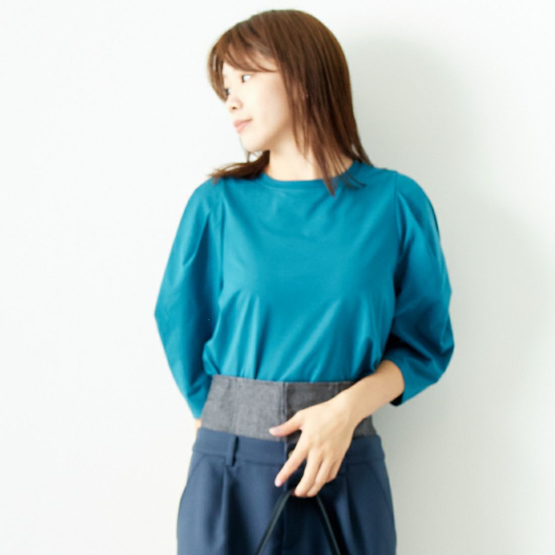 Jf Ready Made [ジェイエフレディメイド] T/Cシルケット デザイン袖Tシャツ [3001137] 501 ﾌﾞﾙｰ &&モデル身長：167cm 着用サイズ：F&&