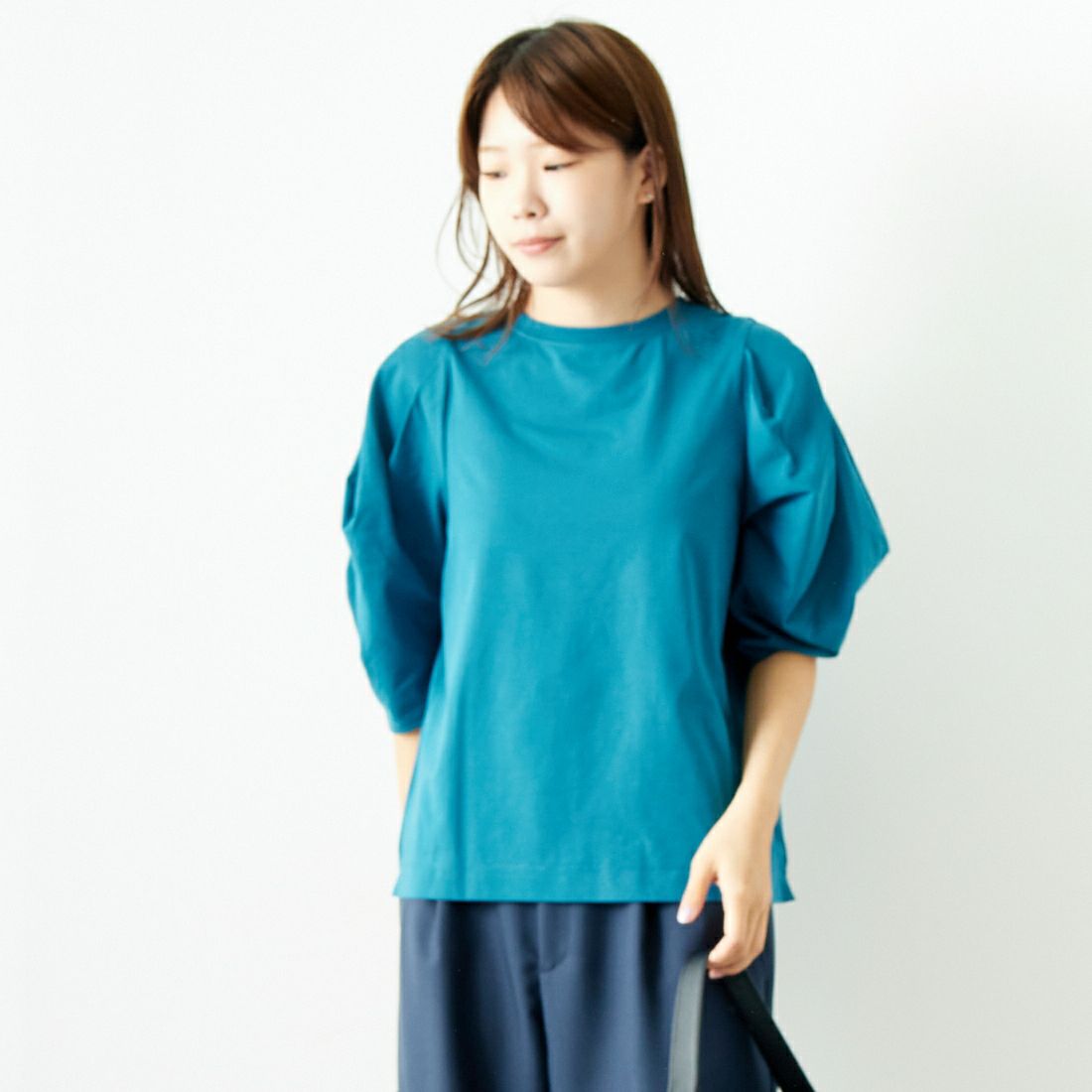 Jf Ready Made [ジェイエフレディメイド] T/Cシルケット デザイン袖Tシャツ [3001137] 501 ﾌﾞﾙｰ &&モデル身長：167cm 着用サイズ：F&&