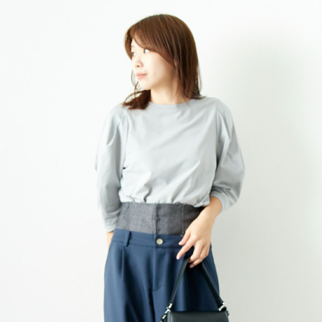 Jf Ready Made [ジェイエフレディメイド] T/Cシルケット デザイン袖Tシャツ [3001137] 101 ﾎﾜｲﾄ &&モデル身長：167cm 着用サイズ：F&&