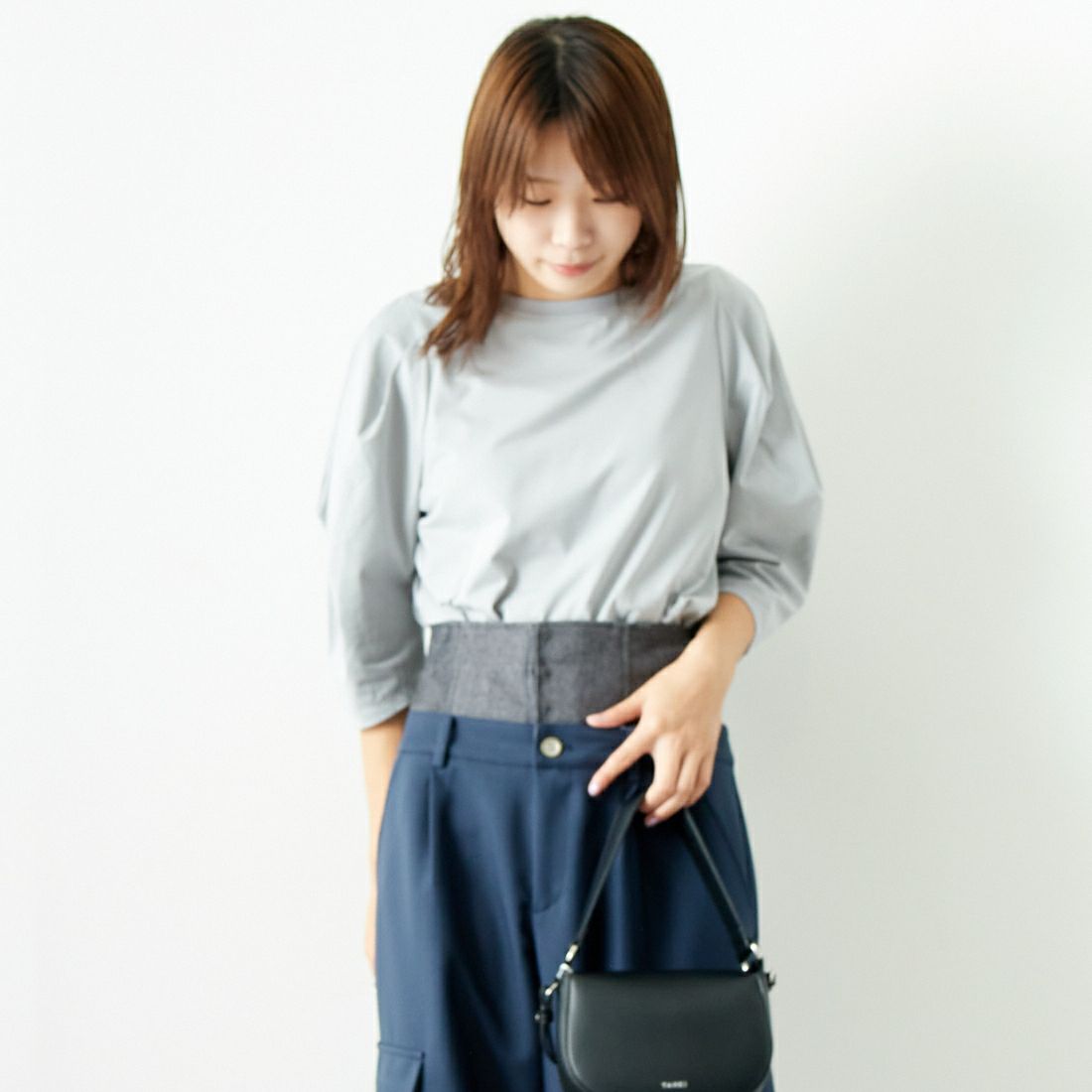 Jf Ready Made [ジェイエフレディメイド] T/Cシルケット デザイン袖Tシャツ [3001137] 101 ﾎﾜｲﾄ &&モデル身長：167cm 着用サイズ：F&&