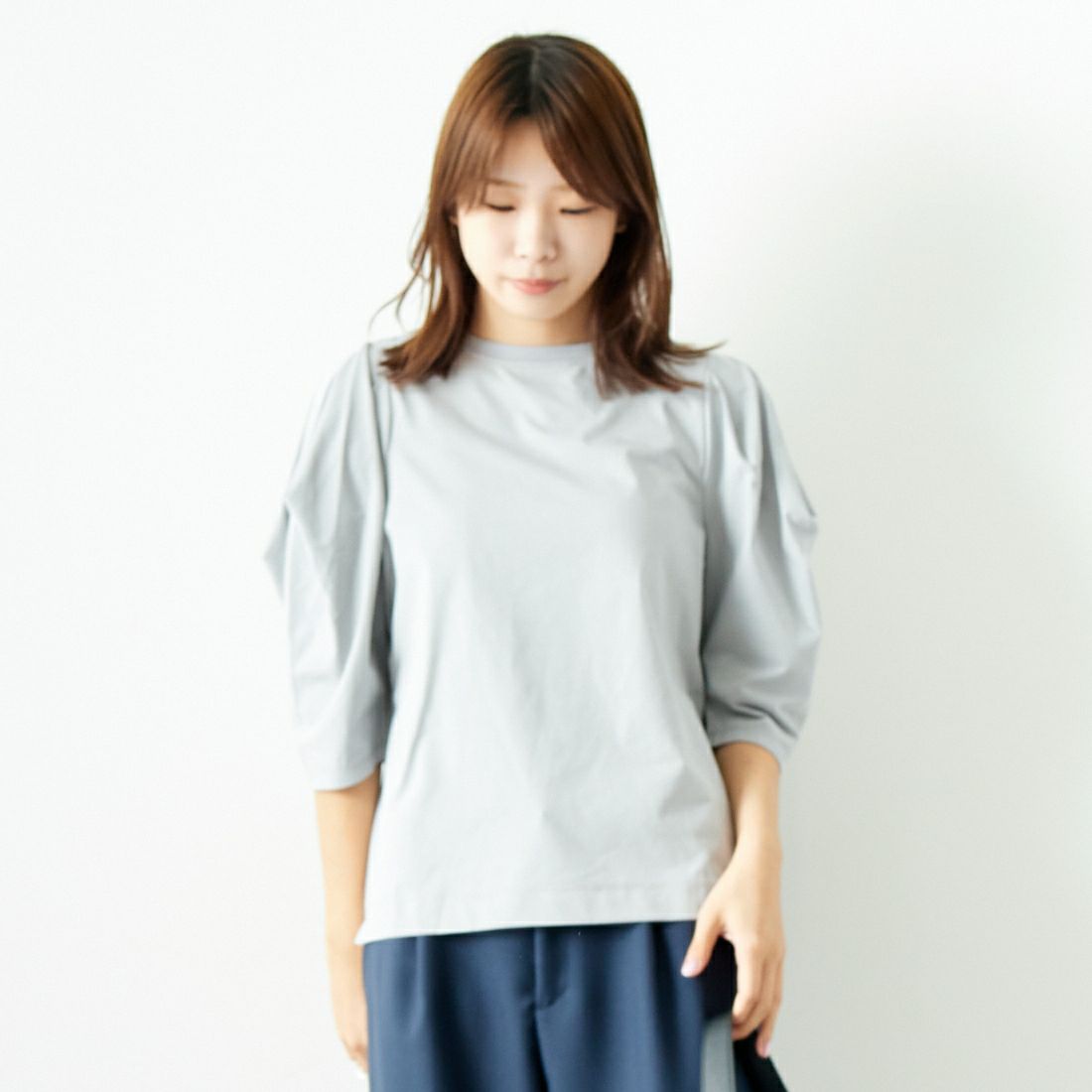 Jf Ready Made [ジェイエフレディメイド] T/Cシルケット デザイン袖Tシャツ [3001137] 101 ﾎﾜｲﾄ &&モデル身長：167cm 着用サイズ：F&&