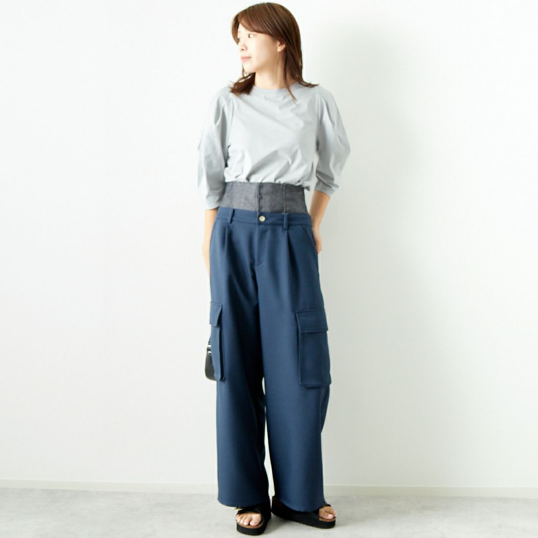 Jf Ready Made [ジェイエフレディメイド] T/Cシルケット デザイン袖Tシャツ [3001137] 101 ﾎﾜｲﾄ &&モデル身長：167cm 着用サイズ：F&&
