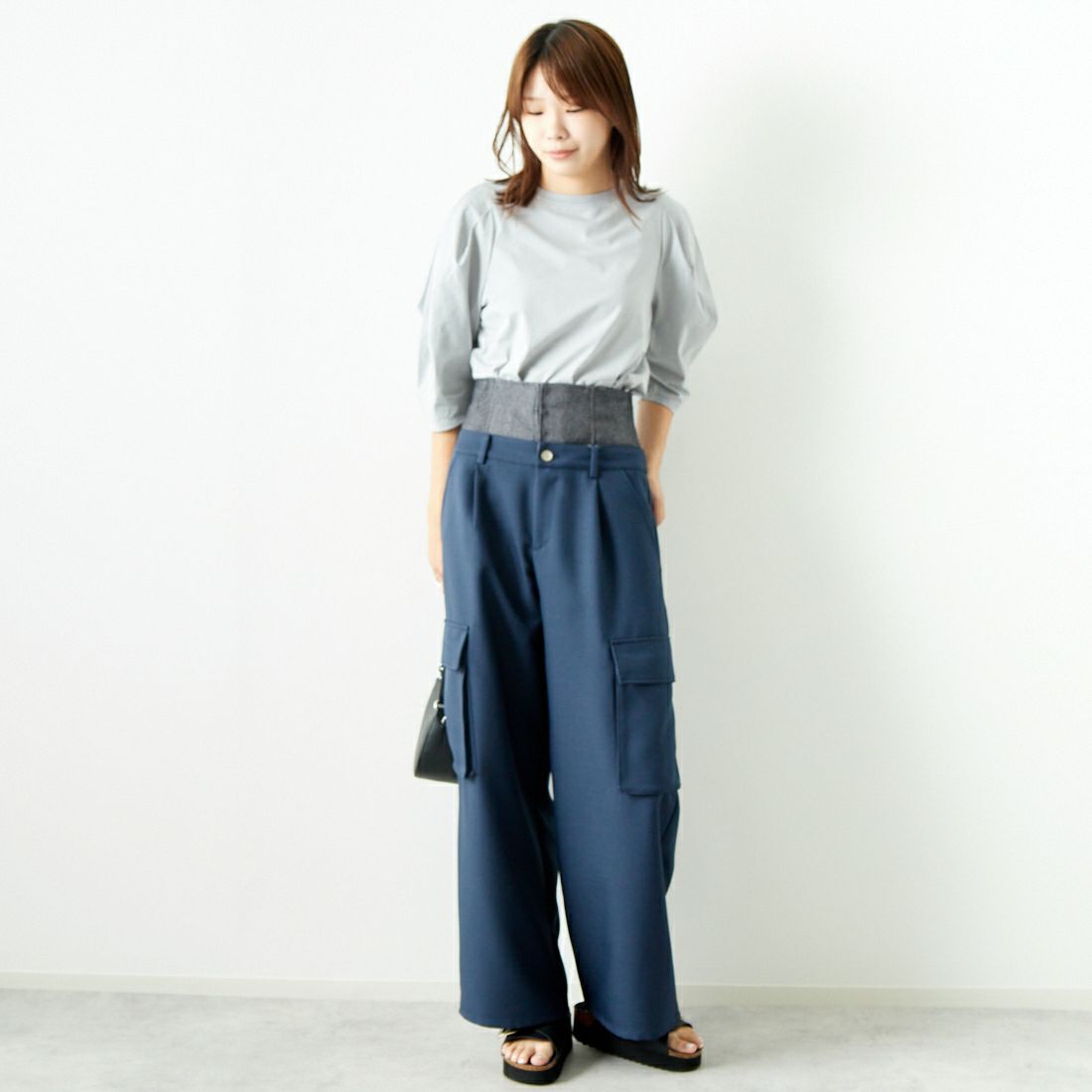 Jf Ready Made [ジェイエフレディメイド] T/Cシルケット デザイン袖Tシャツ [3001137] 101 ﾎﾜｲﾄ &&モデル身長：167cm 着用サイズ：F&&