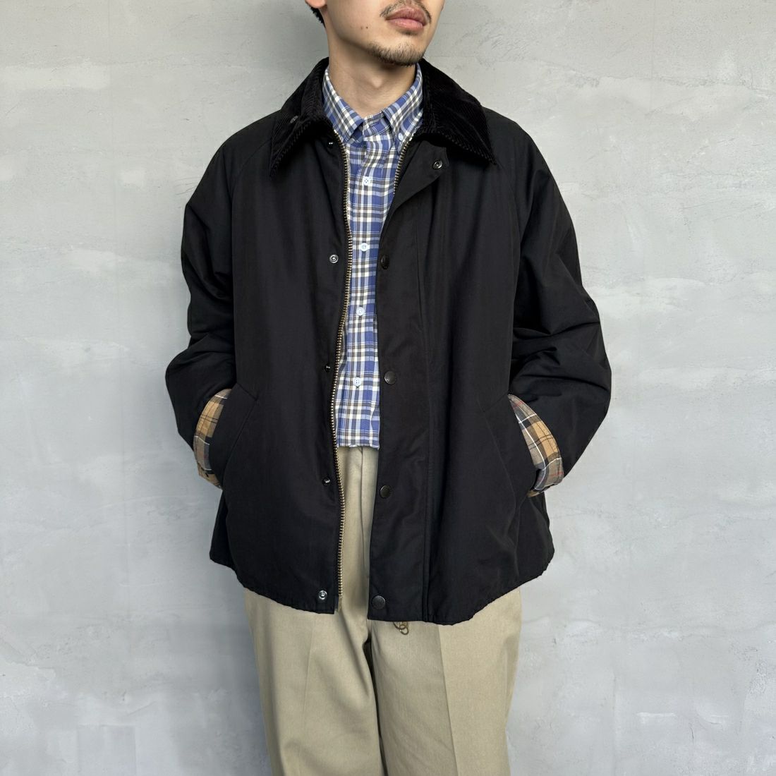 Barbour [バブアー] 別注 中綿入り TRANSPORT トランスポートジャケット [MCAS150-JF] BLACK&&モデル身長：168cm 着用サイズ：42&&