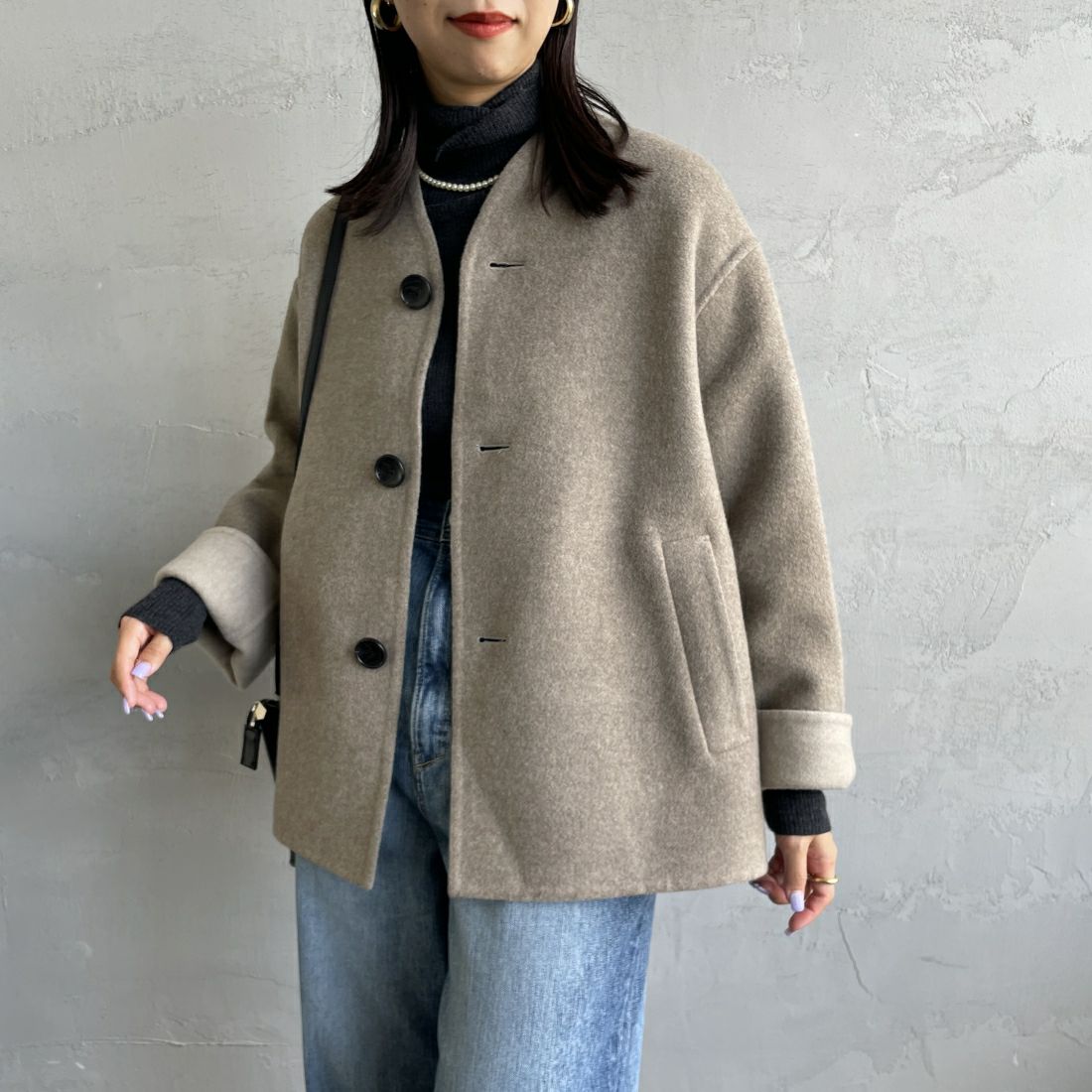 le glazik [ルグラジック] ウールリバージャケット [LG-A0617MFW] DK.BEG/BEG &&モデル身長：163cm 着用サイズ：36&&