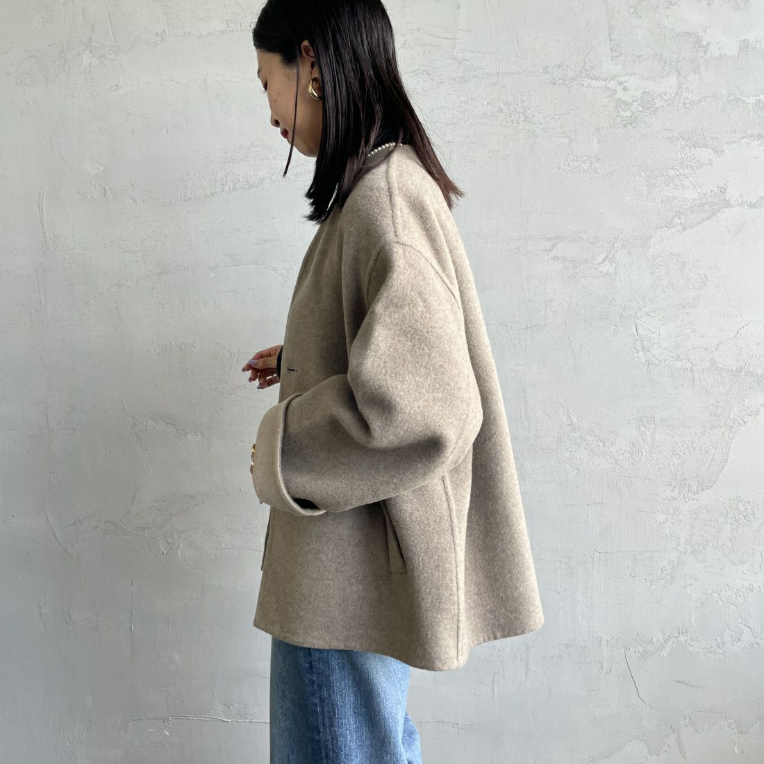 le glazik [ルグラジック] ウールリバージャケット [LG-A0617MFW] DK.BEG/BEG &&モデル身長：163cm 着用サイズ：36&&