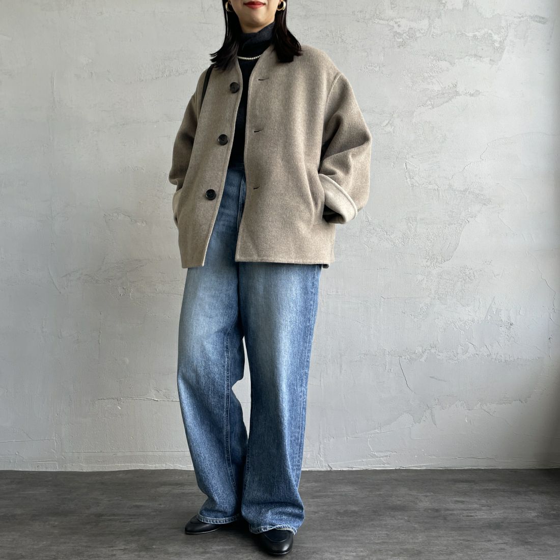 le glazik [ルグラジック] ウールリバージャケット [LG-A0617MFW] DK.BEG/BEG &&モデル身長：163cm 着用サイズ：36&&