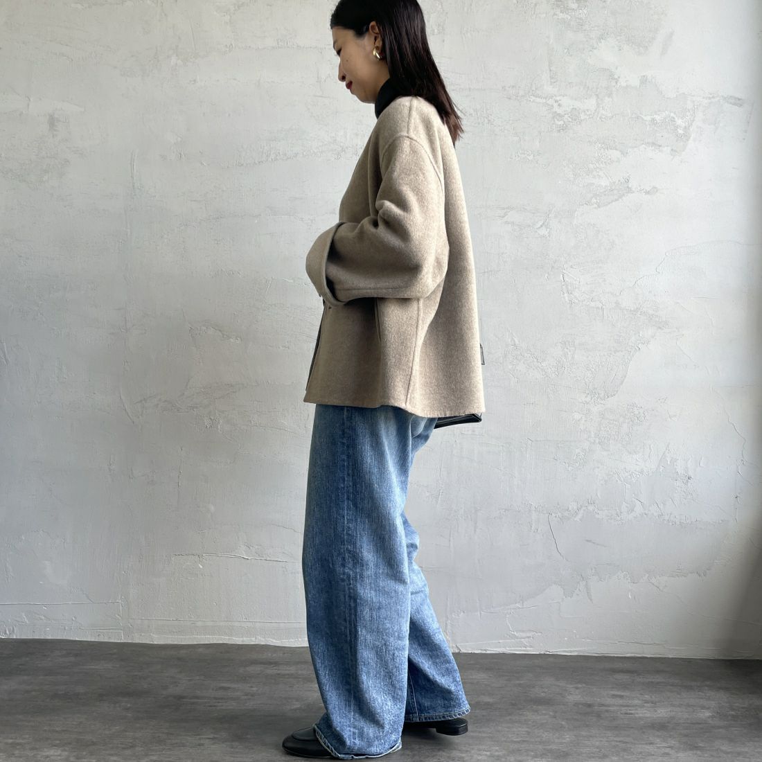 le glazik [ルグラジック] ウールリバージャケット [LG-A0617MFW] DK.BEG/BEG &&モデル身長：163cm 着用サイズ：36&&