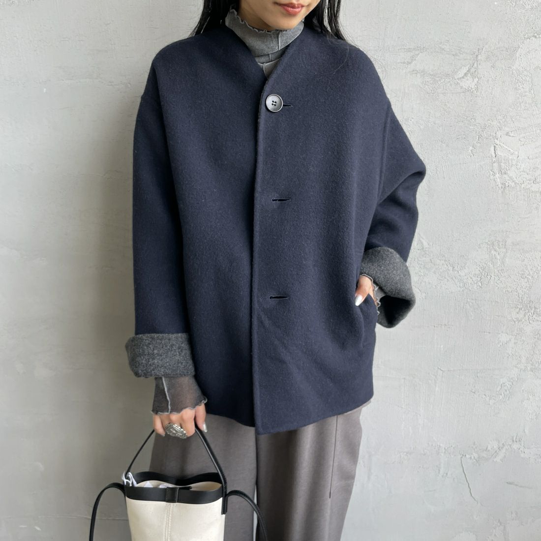 le glazik [ルグラジック] ウールリバージャケット [LG-A0617MFW] DK.NVY/TOP &&モデル身長：156cm 着用サイズ：36&&