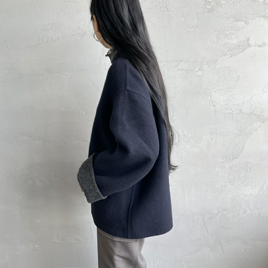le glazik [ルグラジック] ウールリバージャケット [LG-A0617MFW] DK.NVY/TOP &&モデル身長：156cm 着用サイズ：36&&