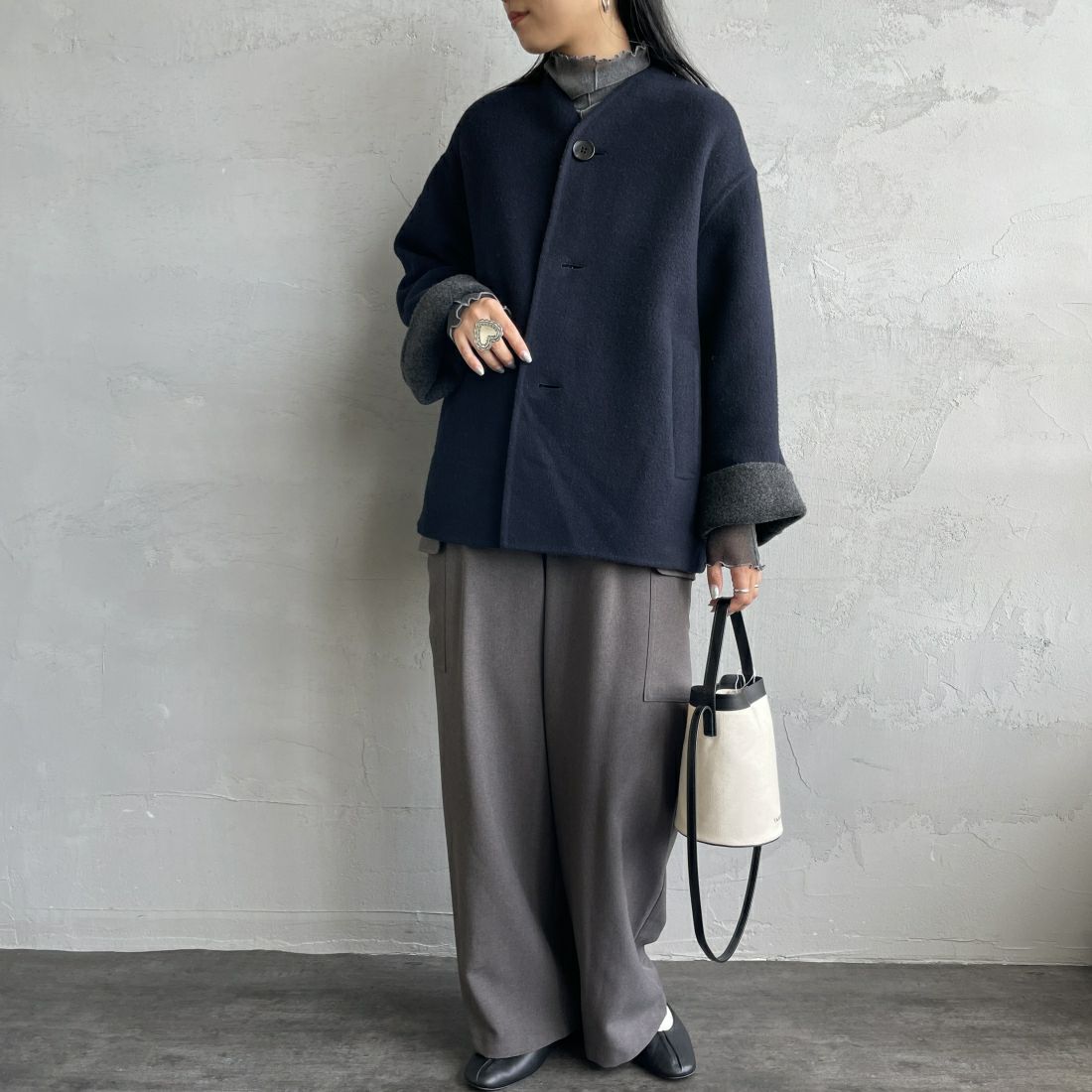 le glazik [ルグラジック] ウールリバージャケット [LG-A0617MFW] DK.NVY/TOP &&モデル身長：156cm 着用サイズ：36&&