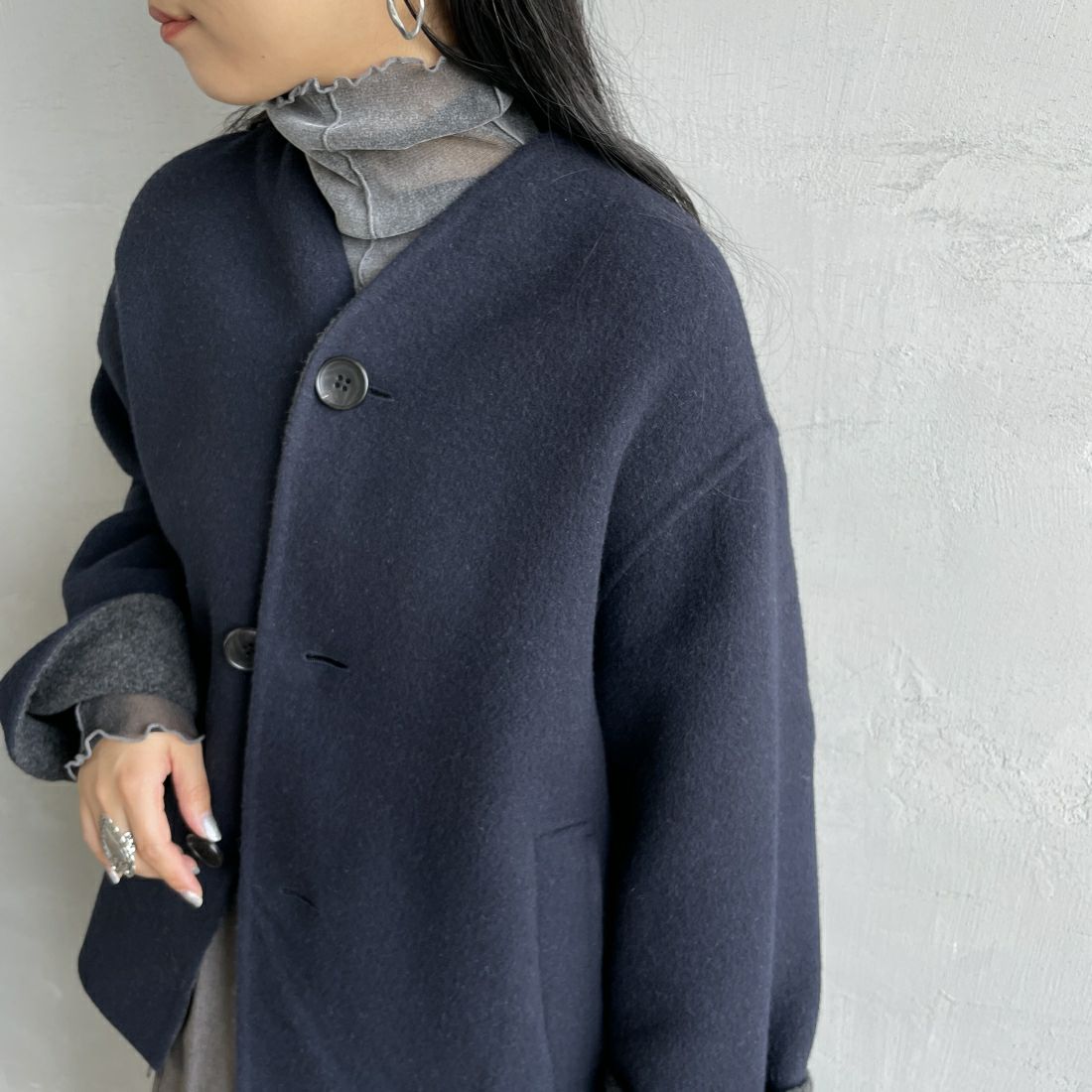 le glazik [ルグラジック] ウールリバージャケット [LG-A0617MFW] DK.NVY/TOP &&モデル身長：156cm 着用サイズ：36&&