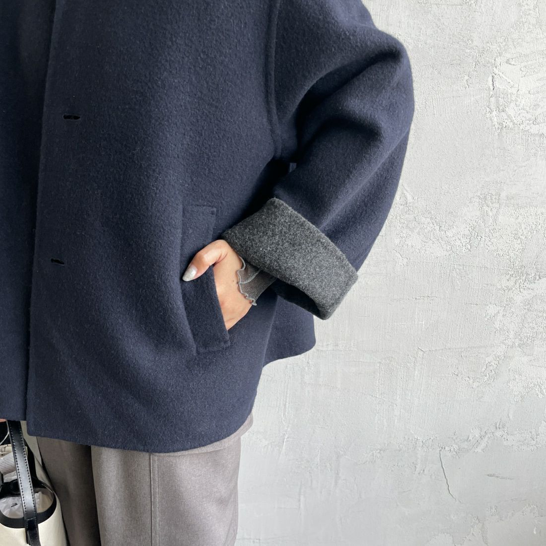 le glazik [ルグラジック] ウールリバージャケット [LG-A0617MFW] DK.NVY/TOP &&モデル身長：156cm 着用サイズ：36&&