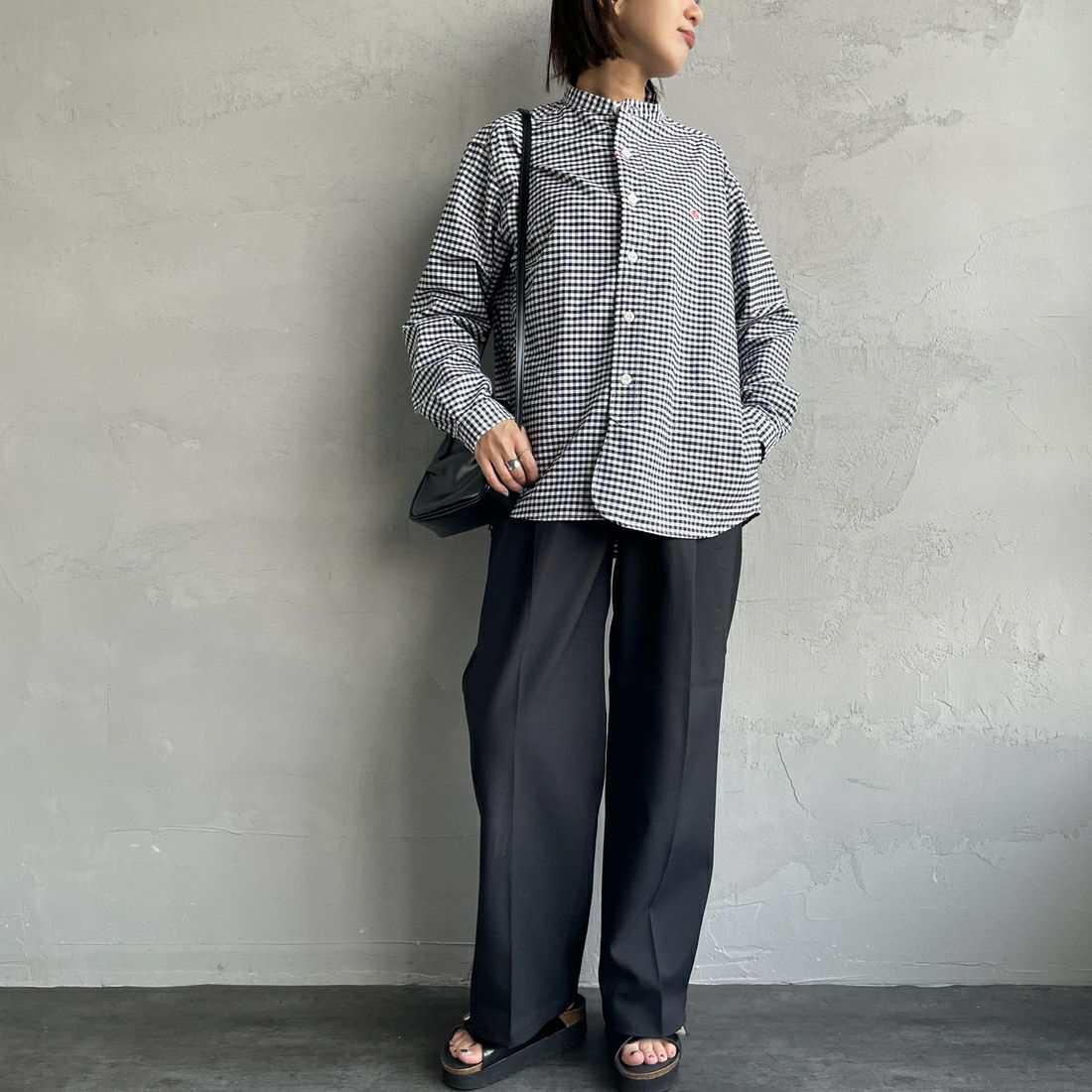 DANTON [ダントン] オックスフォード バンドカラーシャツ [DT-B0280OXP] BK/WH GNGM &&モデル身長：159cm 着用サイズ：38&&