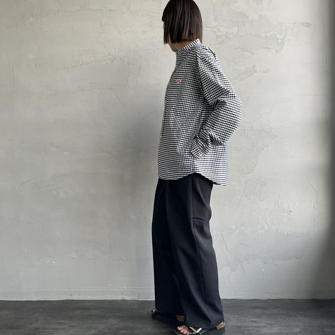 DANTON [ダントン] オックスフォード バンドカラーシャツ [DT-B0280OXP] BK/WH GNGM &&モデル身長：159cm 着用サイズ：38&&
