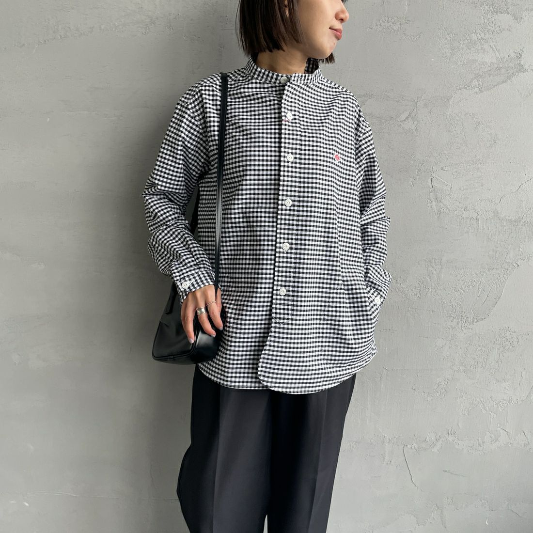 DANTON [ダントン] オックスフォード バンドカラーシャツ [DT-B0280OXP] BK/WH GNGM &&モデル身長：159cm 着用サイズ：40&&