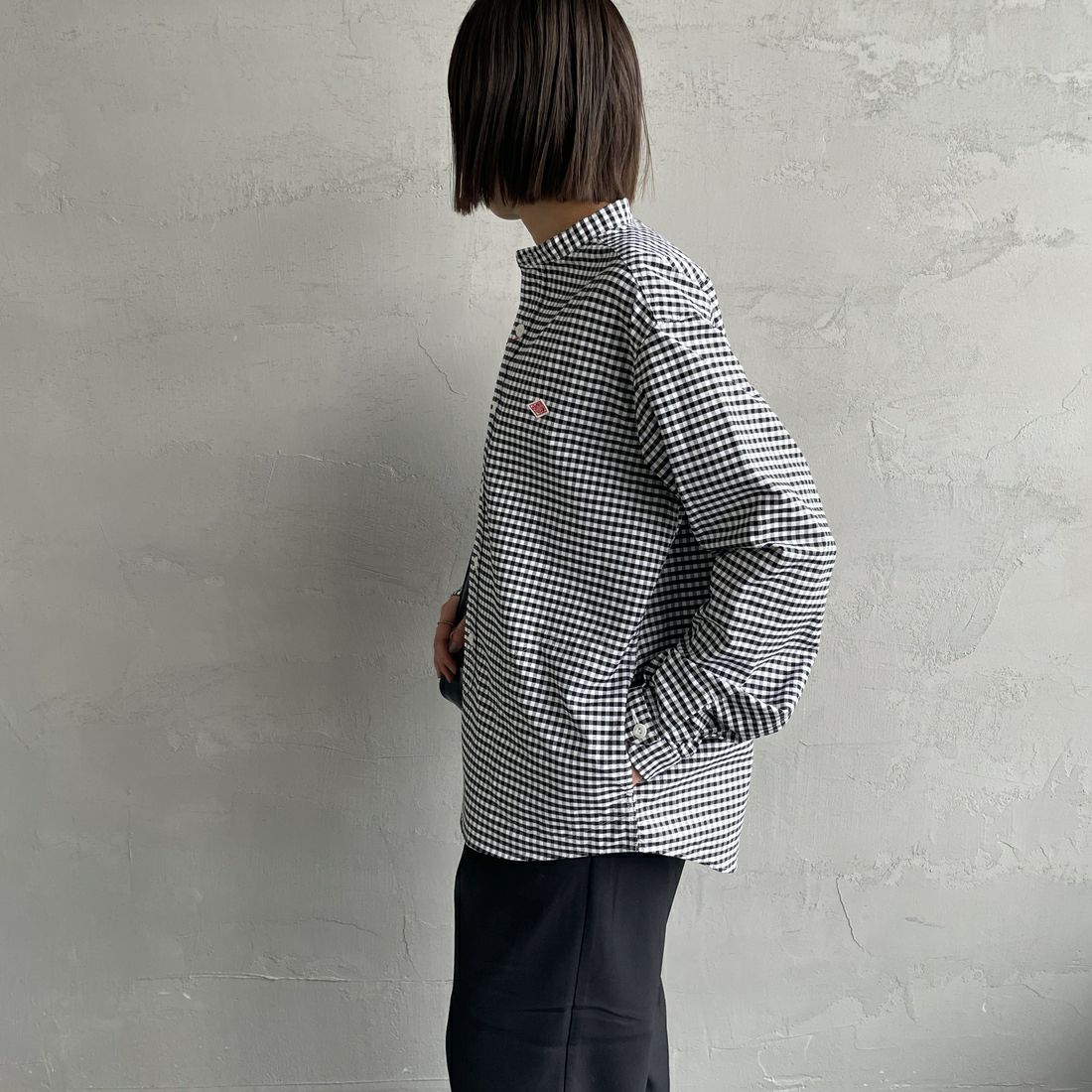 DANTON [ダントン] オックスフォード バンドカラーシャツ [DT-B0280OXP] BK/WH GNGM &&モデル身長：159cm 着用サイズ：40&&