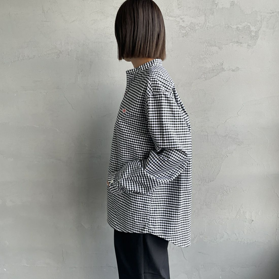 DANTON [ダントン] オックスフォード バンドカラーシャツ [DT-B0280OXP] BK/WH GNGM &&モデル身長：159cm 着用サイズ：42&&