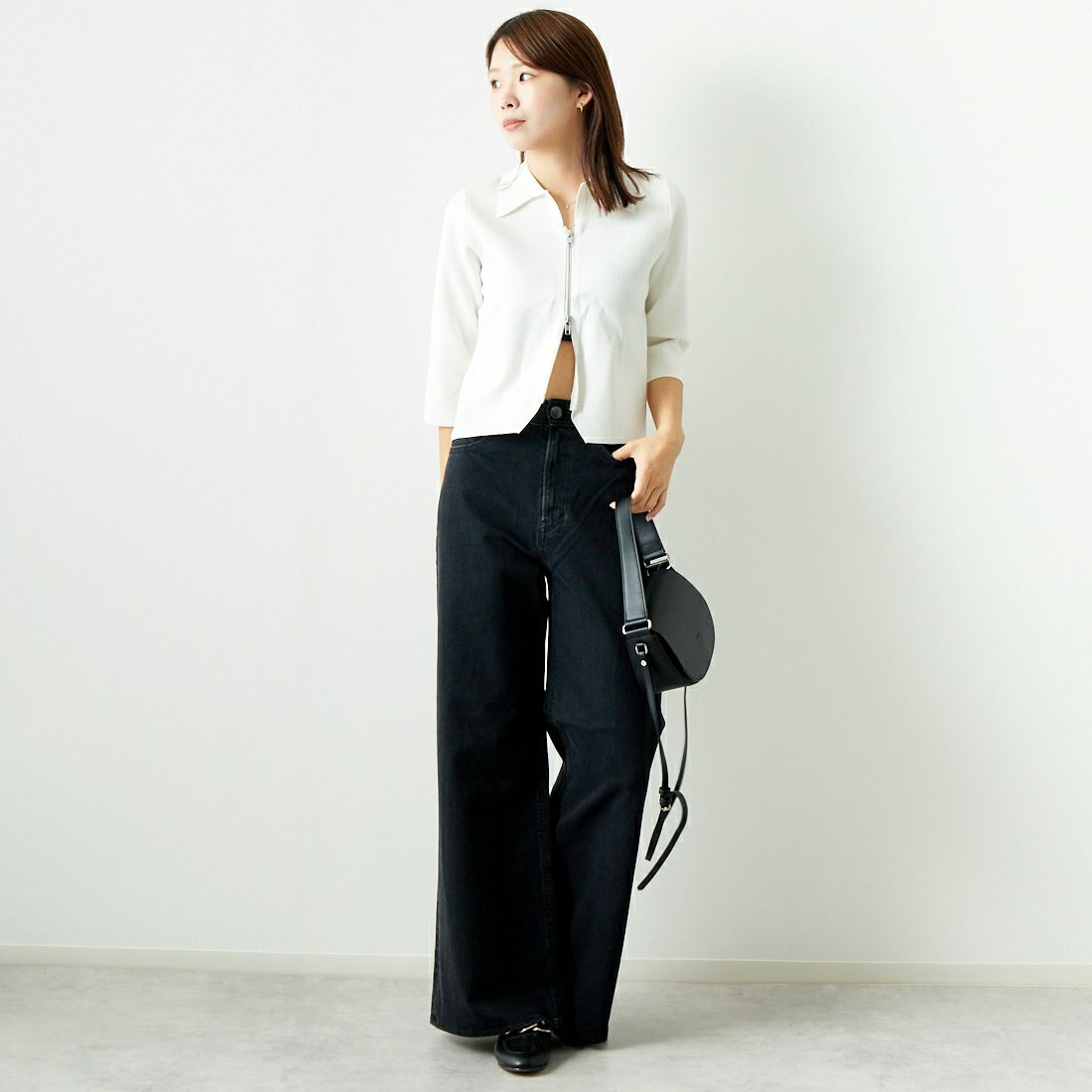 Jeans Factory Clothes [ジーンズファクトリークローズ] ジップアップポロニット [11241802] ﾎﾜｲﾄ &&モデル身長：167cm 着用サイズ：F&&