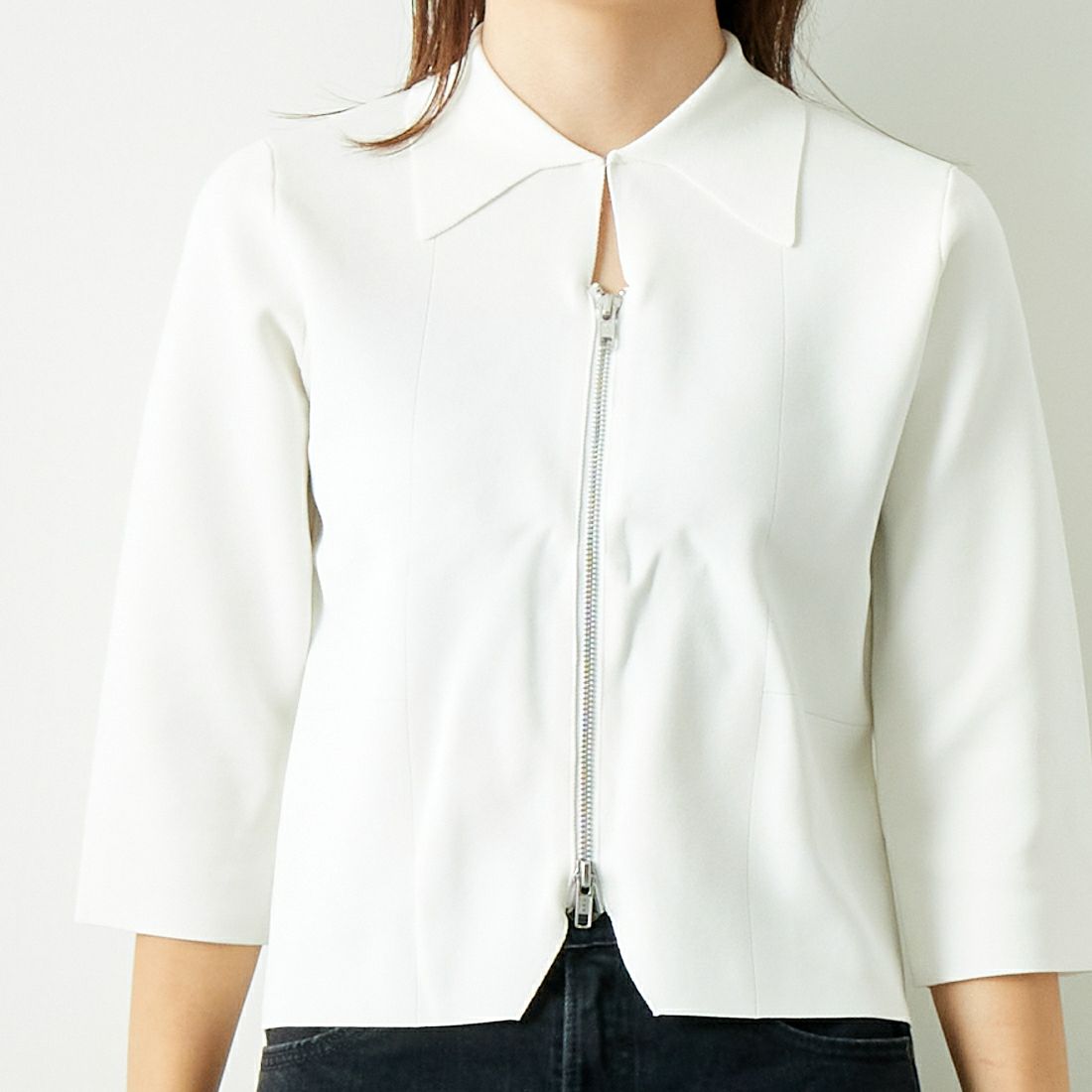 Jeans Factory Clothes [ジーンズファクトリークローズ] ジップアップポロニット [11241802] ﾎﾜｲﾄ &&モデル身長：167cm 着用サイズ：F&&