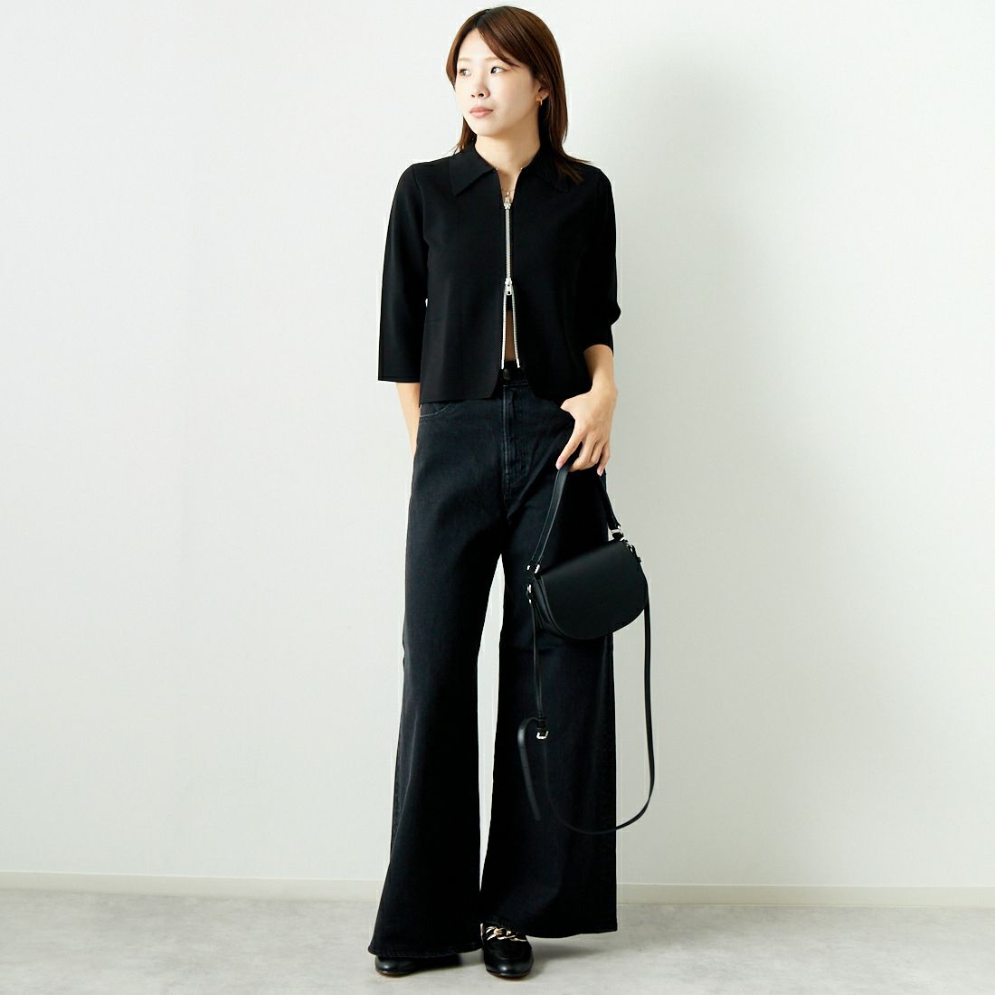 Jeans Factory Clothes [ジーンズファクトリークローズ] ジップアップポロニット [11241802] ﾌﾞﾗｯｸ &&モデル身長：167cm 着用サイズ：F&&