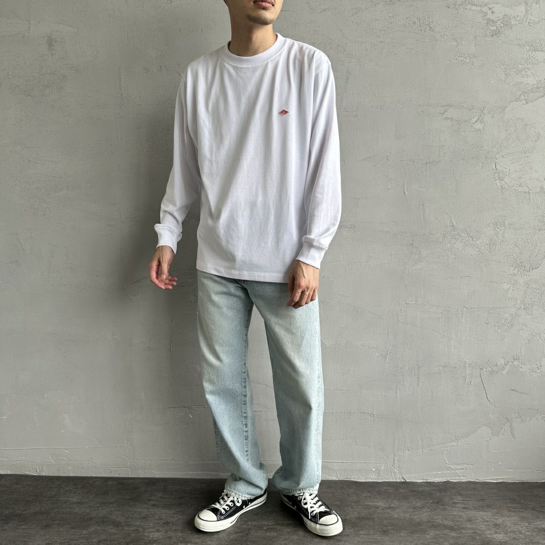 DANTON [ダントン] プレーン ロングスリーブTシャツ [DT-C0200TCB] WHITE&&モデル身長：168cm 着用サイズ：S&&