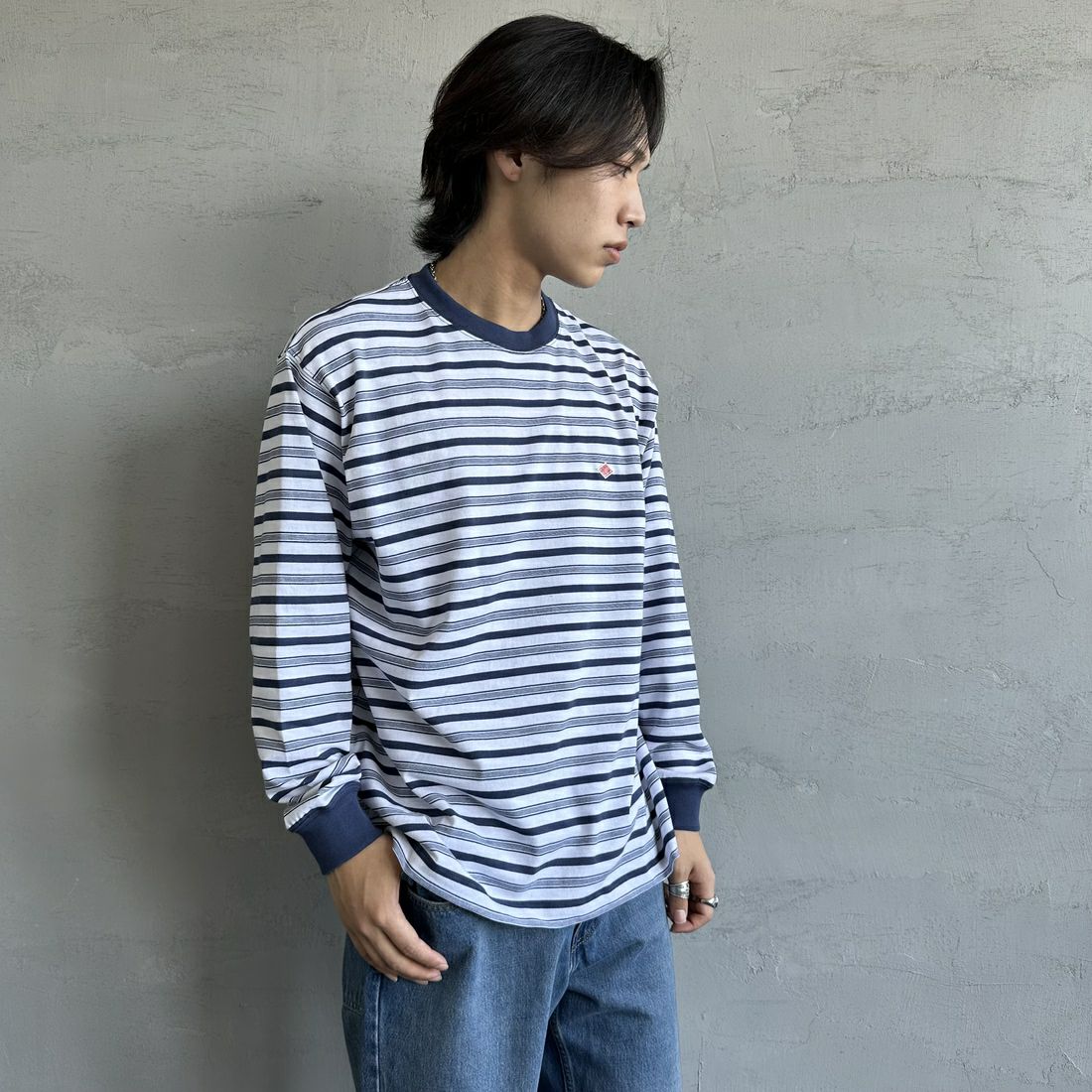 DANTON [ダントン] ストライプ ロングスリーブTシャツ [DT-C0200TCB] L.NVY/WHT &&モデル身長：179cm 着用サイズ：L&&