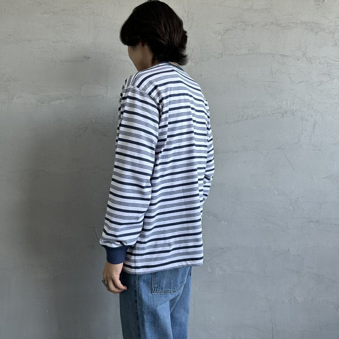 DANTON [ダントン] ストライプ ロングスリーブTシャツ [DT-C0200TCB] L.NVY/WHT &&モデル身長：179cm 着用サイズ：L&&