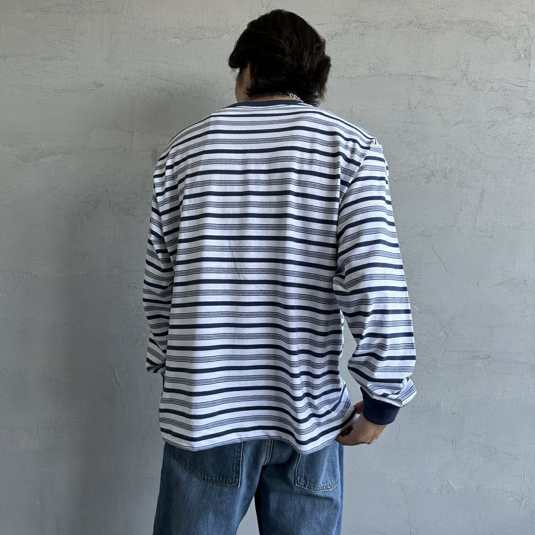 DANTON [ダントン] ストライプ ロングスリーブTシャツ [DT-C0200TCB] L.NVY/WHT &&モデル身長：179cm 着用サイズ：L&&