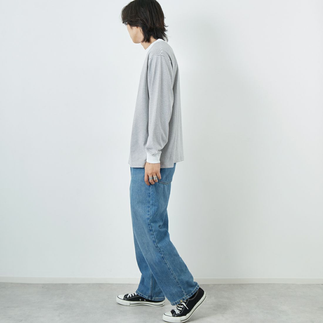 DANTON [ダントン] ストライプ ロングスリーブTシャツ [DT-C0200TCB] H.WH/CHR M &&モデル身長：179cm 着用サイズ：L&&
