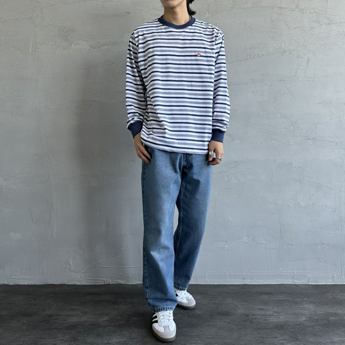 DANTON [ダントン] ストライプ ロングスリーブTシャツ [DT-C0200TCB] L.NVY/WHT &&モデル身長：179cm 着用サイズ：L&&