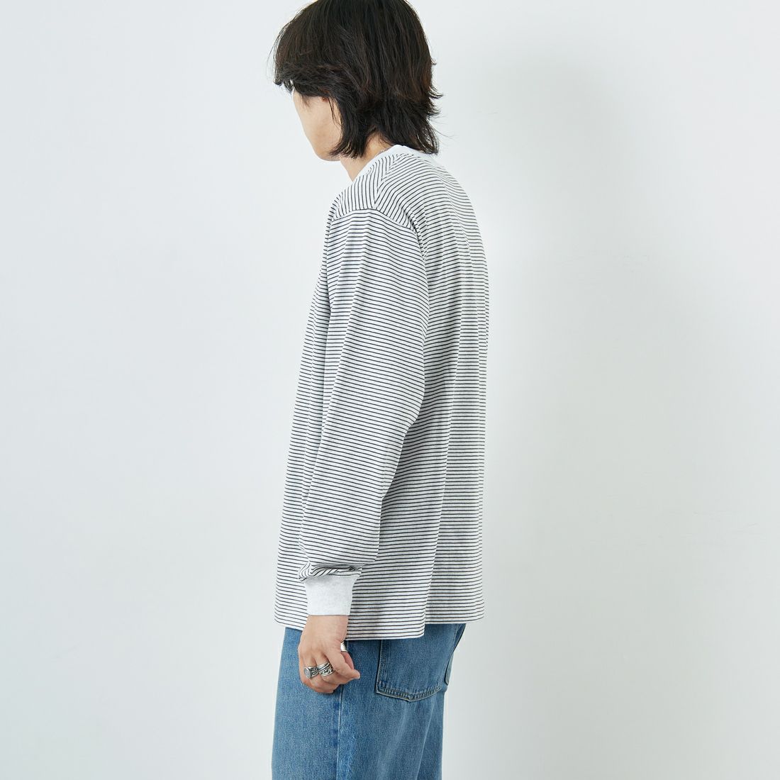 DANTON [ダントン] ストライプ ロングスリーブTシャツ [DT-C0200TCB] H.WH/CHR M &&モデル身長：179cm 着用サイズ：L&&