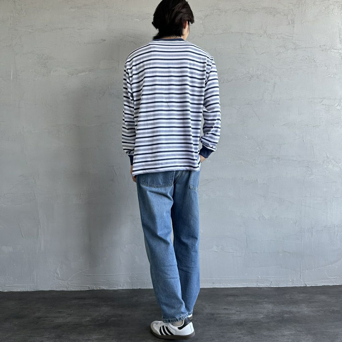 DANTON [ダントン] ストライプ ロングスリーブTシャツ [DT-C0200TCB] L.NVY/WHT &&モデル身長：179cm 着用サイズ：L&&