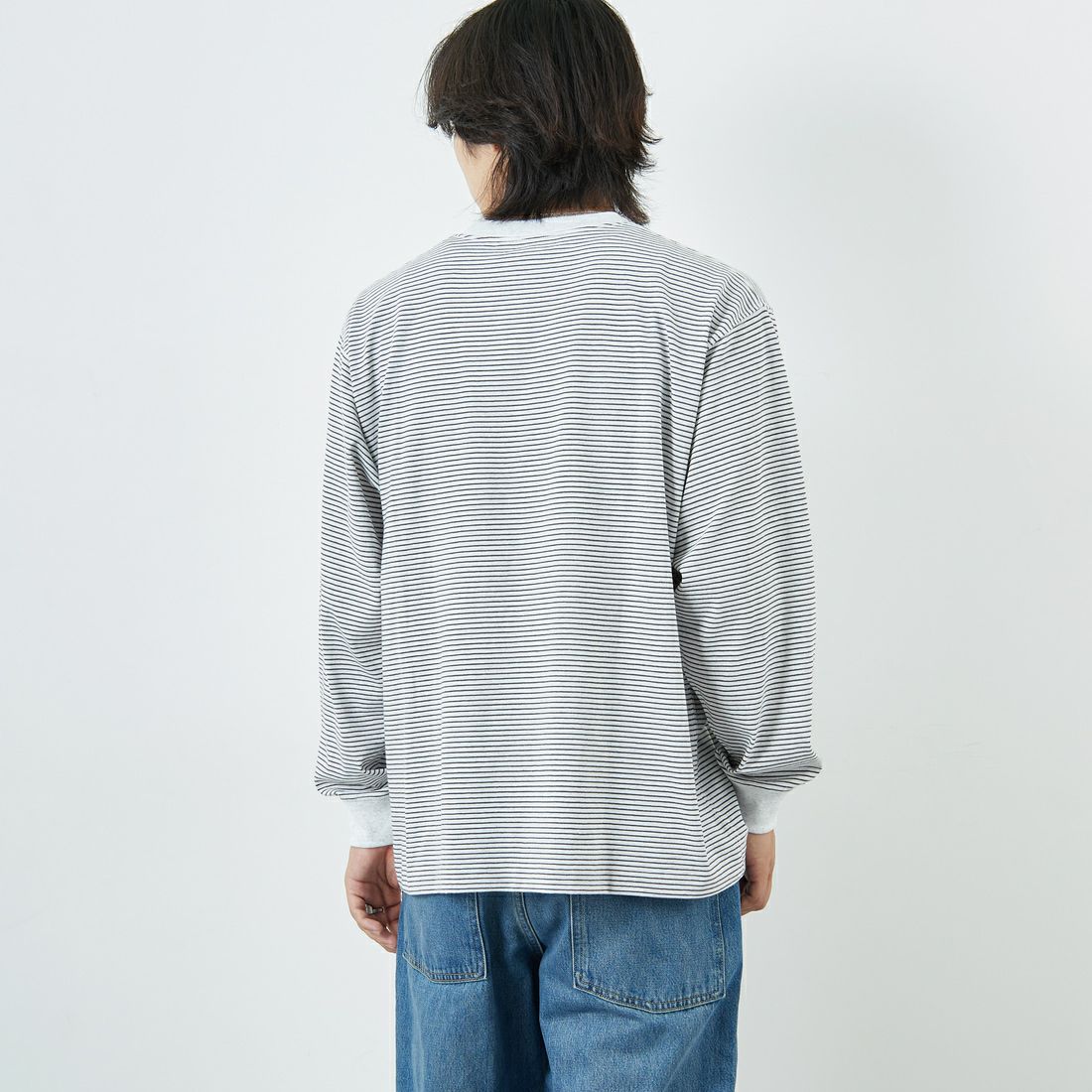 DANTON [ダントン] ストライプ ロングスリーブTシャツ [DT-C0200TCB] H.WH/CHR M &&モデル身長：179cm 着用サイズ：L&&