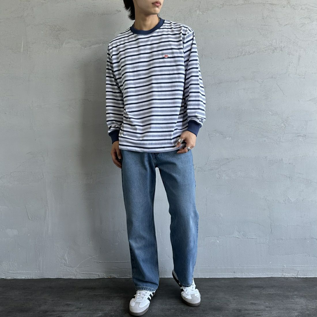 DANTON [ダントン] ストライプ ロングスリーブTシャツ [DT-C0200TCB] L.NVY/WHT &&モデル身長：179cm 着用サイズ：L&&
