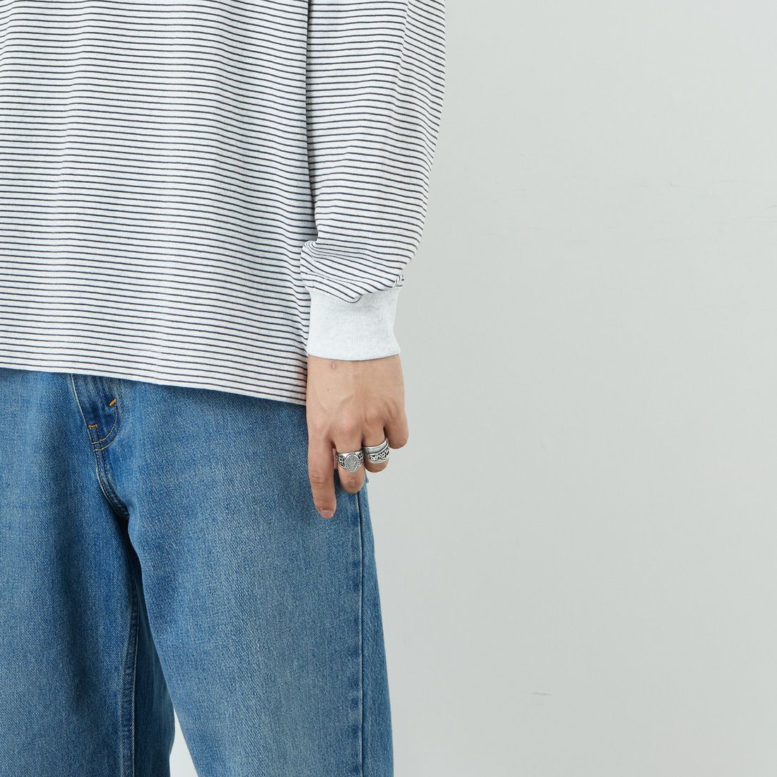 DANTON [ダントン] ストライプ ロングスリーブTシャツ [DT-C0200TCB] H.WH/CHR M &&モデル身長：179cm 着用サイズ：L&&