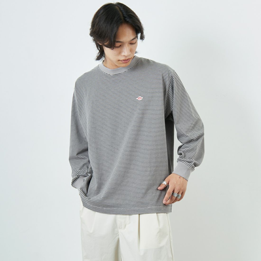 DANTON [ダントン] ストライプ ロングスリーブTシャツ [DT-C0200TCB] GREY/BLACK &&モデル身長：179cm 着用サイズ：L&&