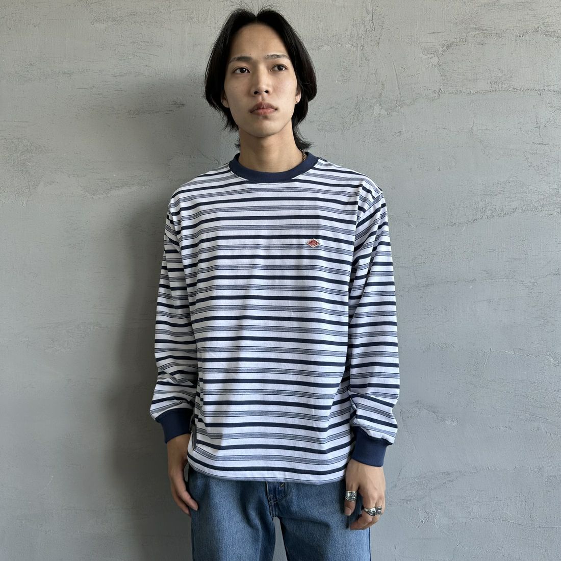 DANTON [ダントン] ストライプ ロングスリーブTシャツ [DT-C0200TCB] L.NVY/WHT &&モデル身長：179cm 着用サイズ：M&&