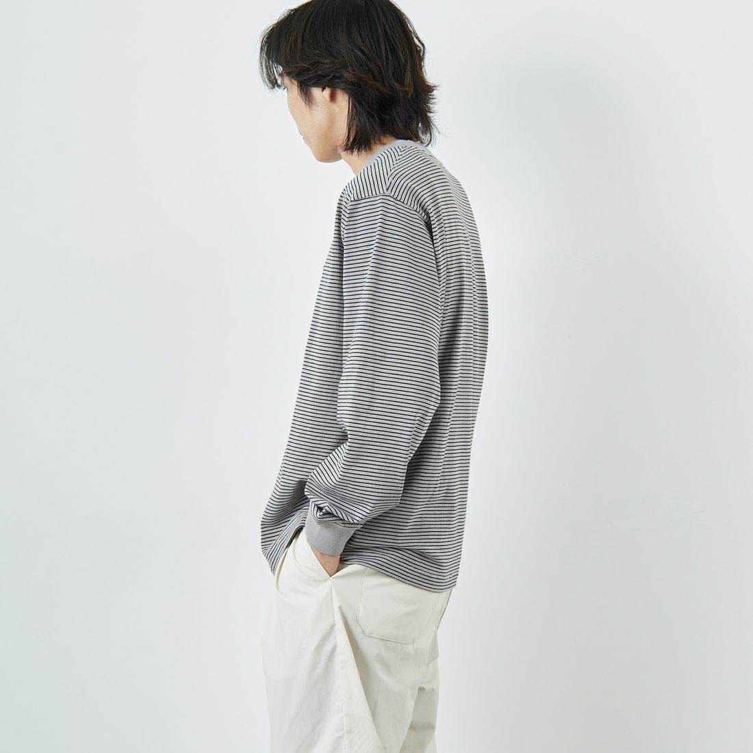 DANTON [ダントン] ストライプ ロングスリーブTシャツ [DT-C0200TCB] GREY/BLACK &&モデル身長：179cm 着用サイズ：L&&