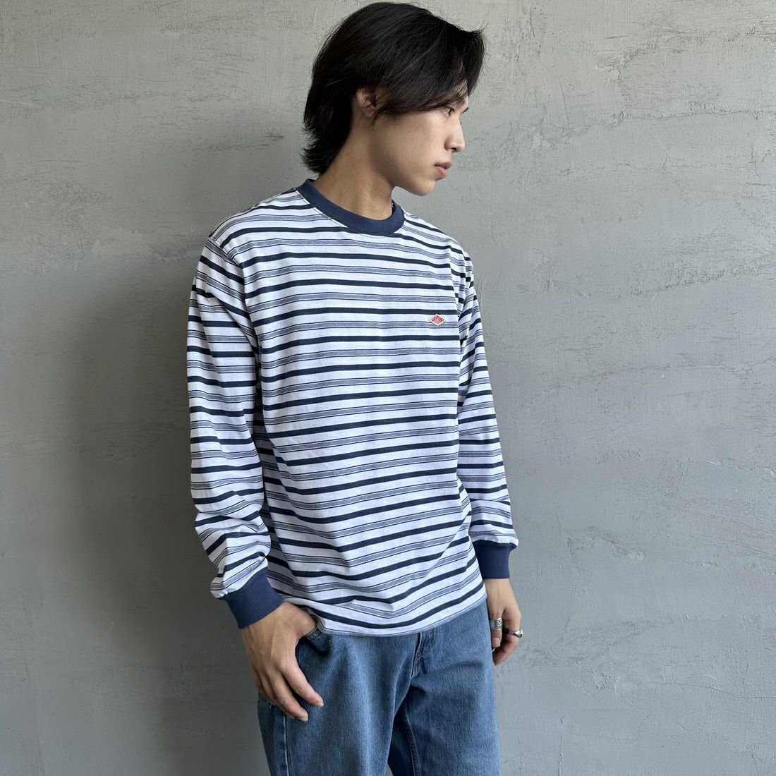 DANTON [ダントン] ストライプ ロングスリーブTシャツ [DT-C0200TCB] L.NVY/WHT &&モデル身長：179cm 着用サイズ：M&&