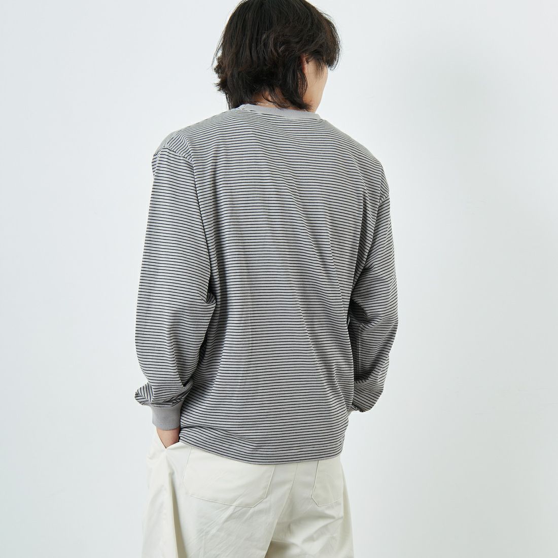 DANTON [ダントン] ストライプ ロングスリーブTシャツ [DT-C0200TCB] GREY/BLACK &&モデル身長：179cm 着用サイズ：L&&