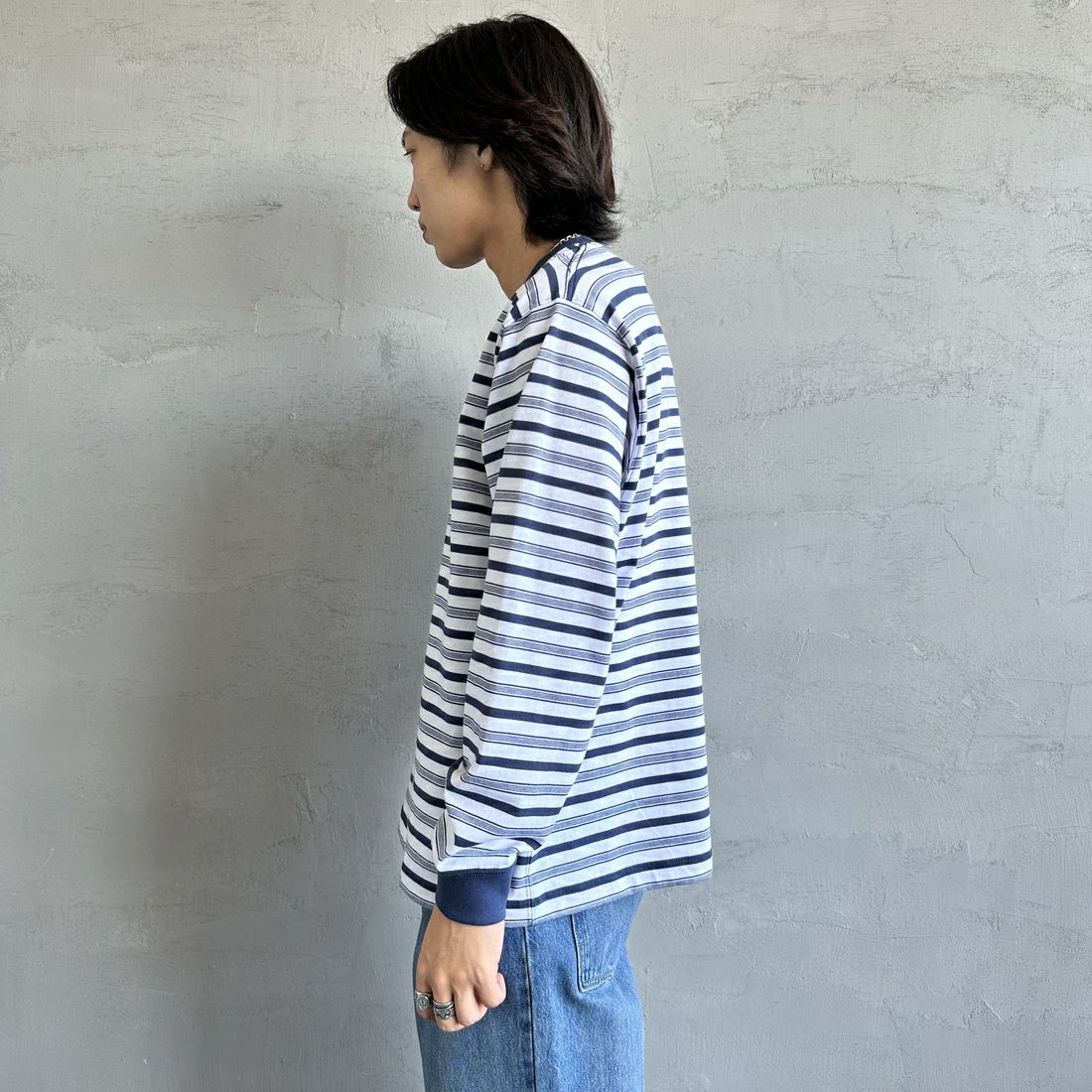 DANTON [ダントン] ストライプ ロングスリーブTシャツ [DT-C0200TCB] L.NVY/WHT &&モデル身長：179cm 着用サイズ：M&&