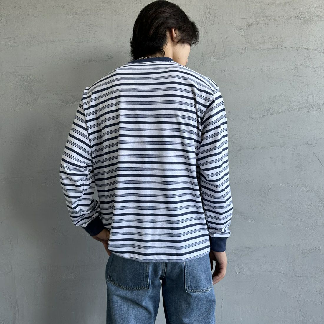 DANTON [ダントン] ストライプ ロングスリーブTシャツ [DT-C0200TCB] L.NVY/WHT &&モデル身長：179cm 着用サイズ：M&&