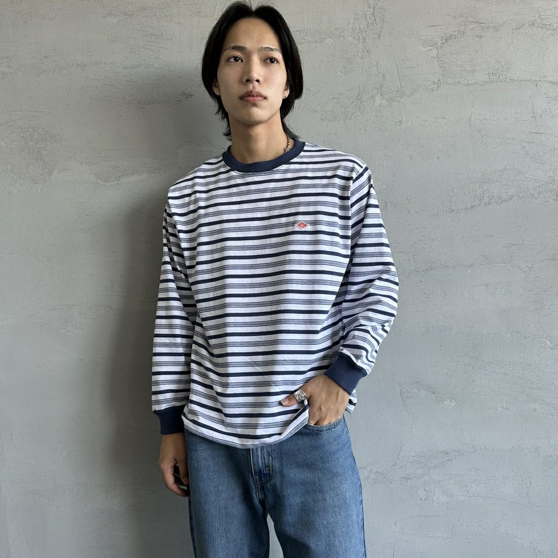 DANTON [ダントン] ストライプ ロングスリーブTシャツ [DT-C0200TCB] L.NVY/WHT &&モデル身長：179cm 着用サイズ：S&&